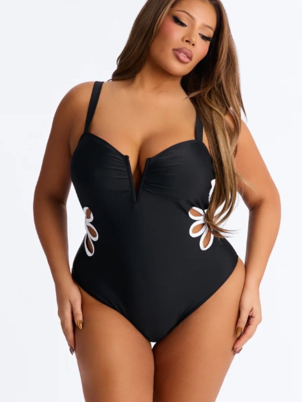 NWT Fashion Nova Size 2X Black One Piece Swimsuit White Flower Cutout